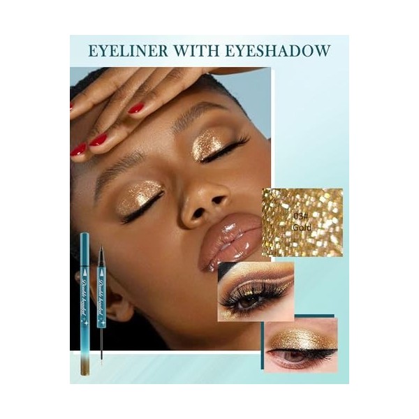 2 in 1 Double-Ended Liquide Eyeliner Pen, Très Fin Eyeliner Noir & Or Fard à Paupières Pailleté, Waterproof Longue Durée, Qui