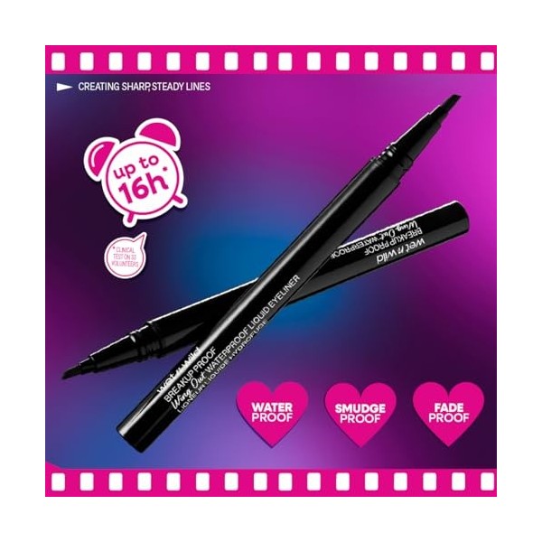 Wet n Wild Breakup Proof Wing Out Waterproof Eyeliner, Pinceau Biseauté pour Trait Précis et Ailé, Eyeliner Noir Tenue 16h, R