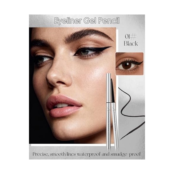 Eyeliner Gel Noir, Métallique Eye Liner Waterproof, Eyeliner Pencil Longue Durée, Crayon Hautement Pigmenté, Séchage Rapide, ...