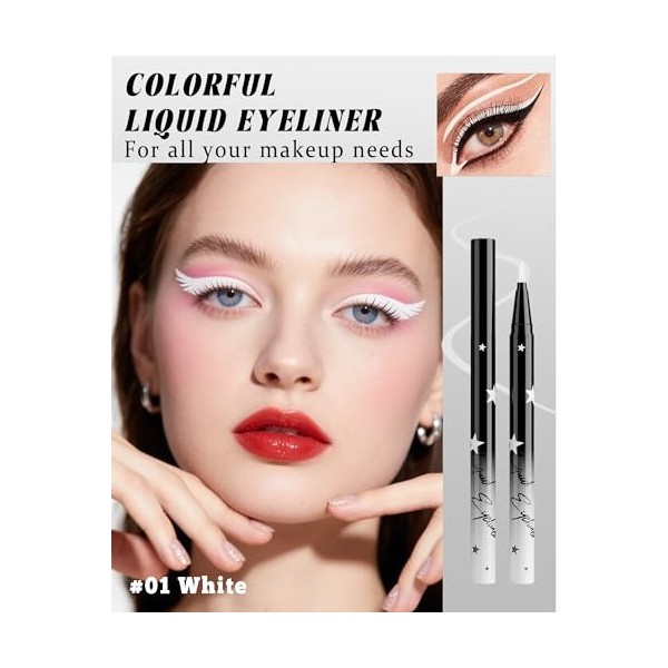 Blanc Matte Liquide Crayon Yeux, Hautement Pigmenté Smooth Eyeliner Waterproof, Longue Tenue 24H, Résistant aux Bavures, Séch...