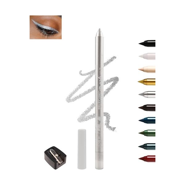 Crayon Gel Yeux Pailleté Argent, Métallique Brillant Eye Liner Waterproof et Longue Tenue, Eyeliners Effet Tatouage avec Tail