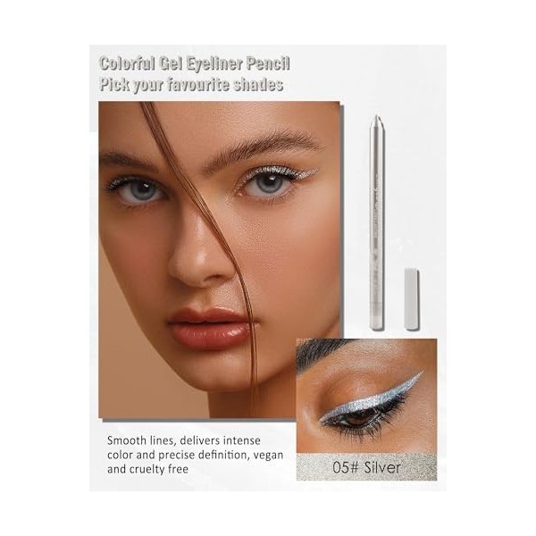 Crayon Gel Yeux Pailleté Argent, Métallique Brillant Eye Liner Waterproof et Longue Tenue, Eyeliners Effet Tatouage avec Tail