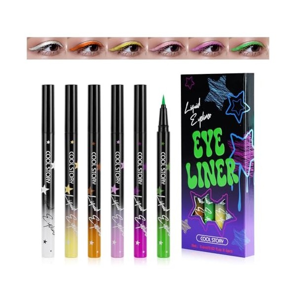 LOPHE 6 Couleurs Eyeliner Colorés, Imperméable Longue Durée Séchage Rapide Lisse Sans Taches Stylo Eyeliner Coloré Ensemble C