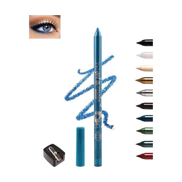 Crayon Gel Yeux Pailleté Bleu, Métallique Brillant Eye Liner Waterproof et Longue Tenue, Eyeliners Effet Tatouage avec Taille