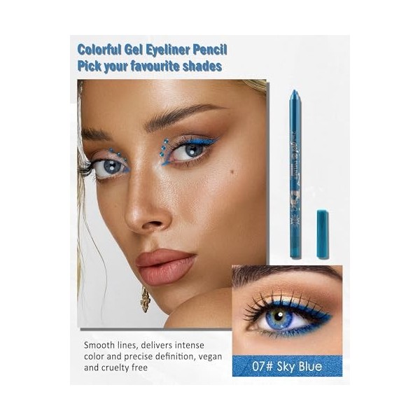 Crayon Gel Yeux Pailleté Bleu, Métallique Brillant Eye Liner Waterproof et Longue Tenue, Eyeliners Effet Tatouage avec Taille
