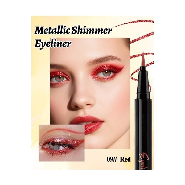 Paillettes Eyeliner Liquide Pen, Rouge Glitter Pearlescent, Long Lasting Waterproof Crayon Yeux, Résistant aux Taches, Pigmen...