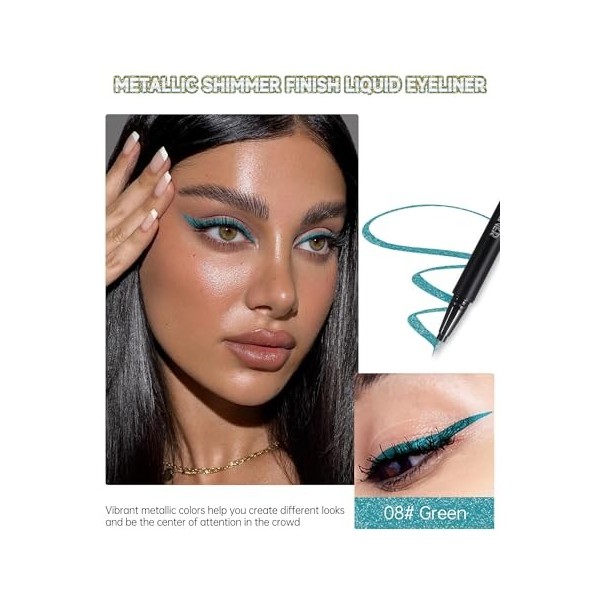 Eyeliner Liquide Pailleté Métallique, Vert Eyeliners Diamant Scintillant, Imperméable et Durable Eye Liner, Plume Ultra-Fine,...