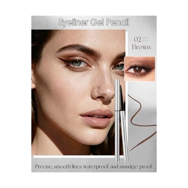 Eyeliner Gel Marron, Métallique Eye Liner Waterproof, Eyeliner Pencil Longue Durée, Crayon Hautement Pigmenté, Séchage Rapide