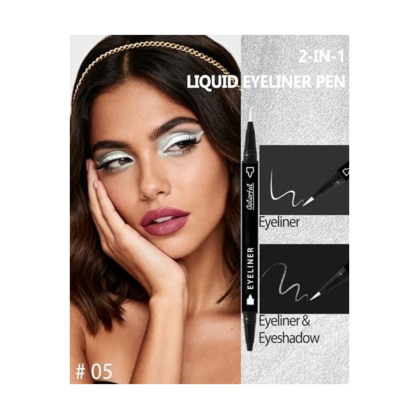 2 en 1 Crayon Yeux Matte et Paillettes, Double Tête Blanc et Argent Eye Liner Liquide, Longue Durée Waterproof, Highly Pigmen...
