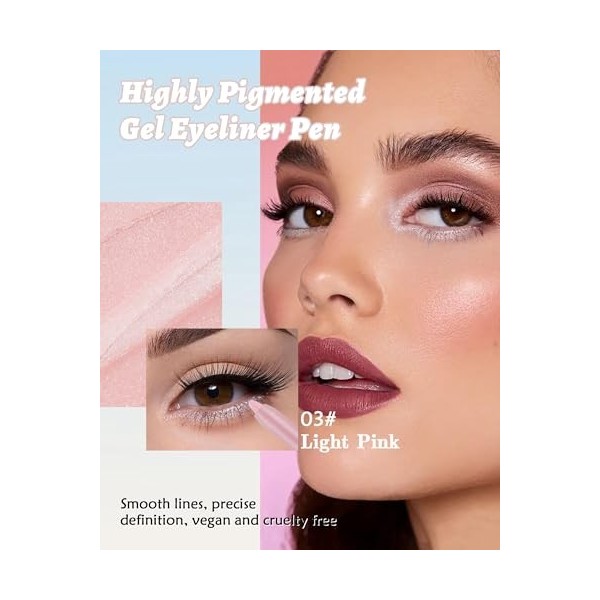 Eyeliner rose clair pailleté waterproof Metallic Shimmer Gel Eyeliner avec taille-crayon crayon fard à paupières à paillettes...