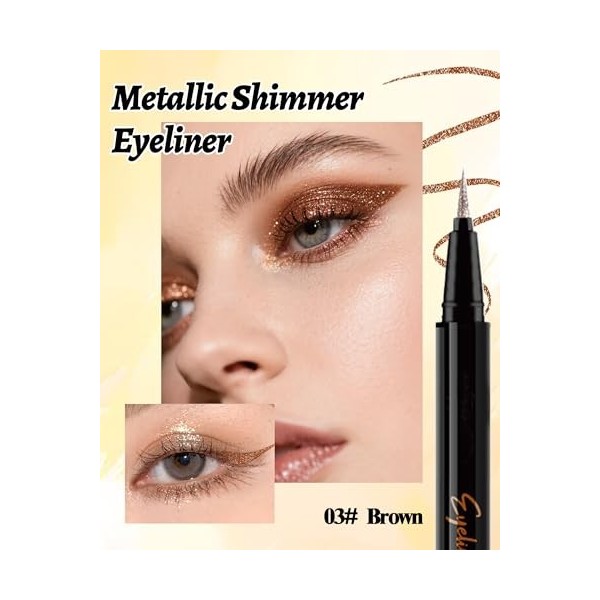 Crayon Yeux Pailleté Liquide, Brillance Durable, Waterproof Eyeliner Métallique Shimmer, Sèche Rapidement et Résiste aux Bavu...