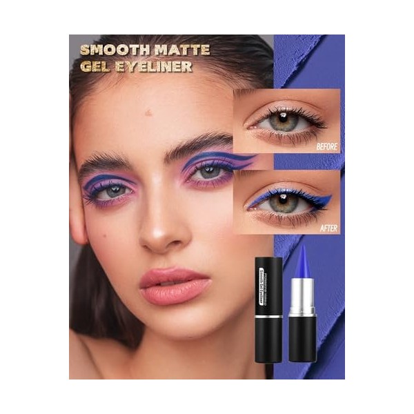 Gel Eyeliner Creme Waterproof Bleu, Couleur Longue Durée, Lisse et Mat Crayon Yeux sans Bavure, Bâtons de Peinture pour le Vi