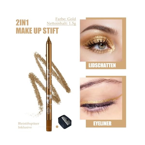 EONFAVE Crayon eyeliner doré - Gel imperméable et résistant aux taches - Crayon à paupières métallique avec taille-crayon - L