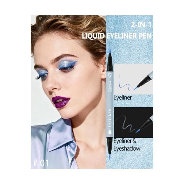 2 en 1 Crayon Yeux Matte et Paillettes, Double Tête Bleu Eye Liner Liquide, Longue Durée Waterproof, Highly Pigmented Smooth 