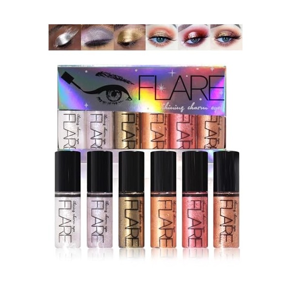 Eyeliner Liquide Paillettes 6 Couleurs, Crayon Yeux Waterproof Make Up Set,Crayons Fards à Paupières scintillant à séchage Ra...