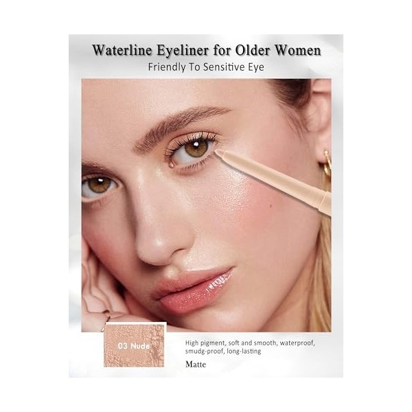 Crayon Yeux Waterproof, Eye Liner Nude Mat Gel Pen avec Crayon Roller, Eyeliners Anti-salissures et Longue Tenue, Texture Lis...