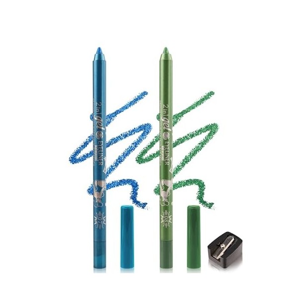 2Pcs Crayon Gel Yeux Pailleté Bleu Vert, Métallique Brillant Eye Liner avec Taille-Crayo, Eyeliner Waterproof et Longue Tenue