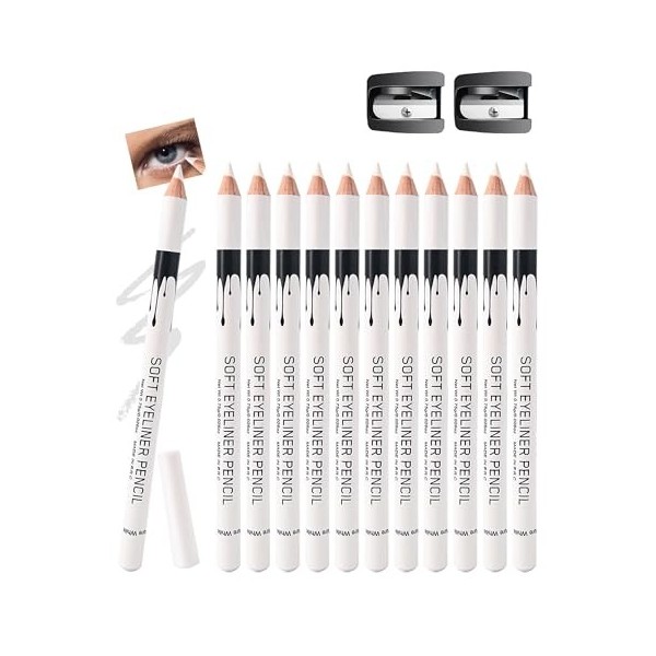 12 Pcs Crayon Blanc Yeux Mat Kit, Soyeux et Doux Eyeliner Pencils avec 2 Taille-crayon, Waterproof et Longue Tenue, Multi-use...