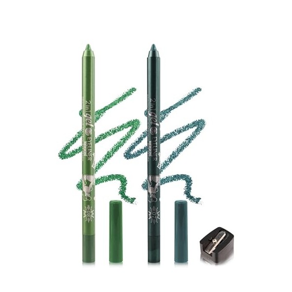 2Pcs Crayon Gel Yeux Vert Teal, Eye Liner Pen Creamy Mat, Eyeliners Effet Tatouage avec Taille-Crayon, Waterproof et Longue T