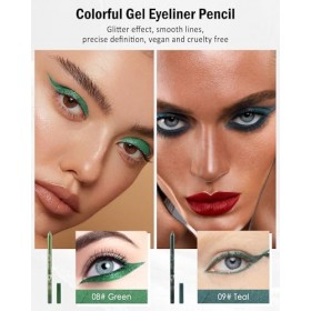2Pcs Crayon Gel Yeux Vert Teal, Eye Liner Pen Creamy Mat, Eyeliners Effet Tatouage avec Taille-Crayon, Waterproof et Longue T