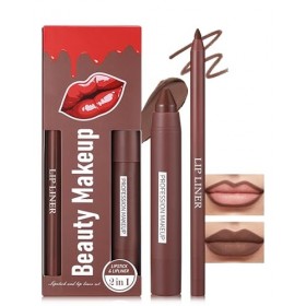 Rouge a Levre + Crayon a Levre Velours Mat, Très Pigmenté Combo Lèvres 2-en-1 Marron Foncé, Longue Tenue Waterproof, Texture ...