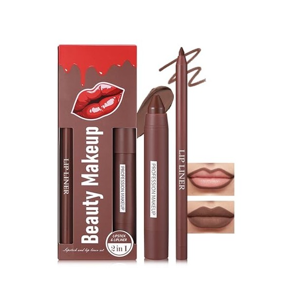 Rouge a Levre + Crayon a Levre Velours Mat, Très Pigmenté Combo Lèvres 2-en-1 Marron Foncé, Longue Tenue Waterproof, Texture ...