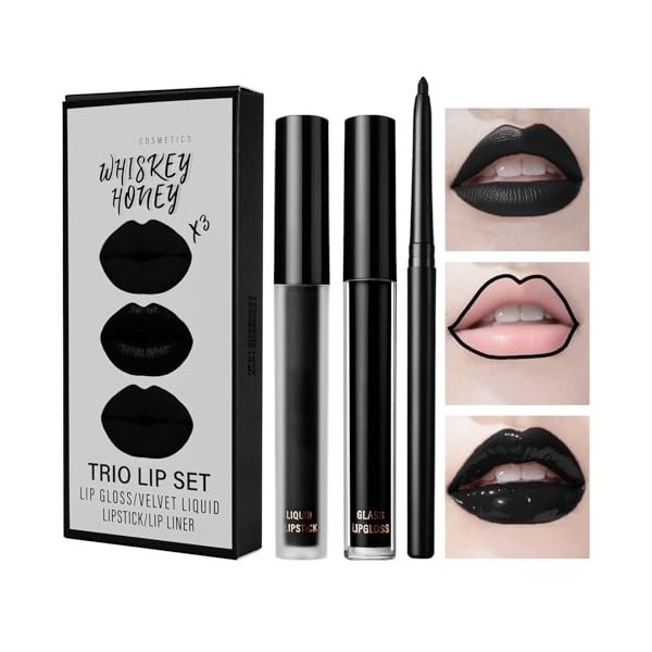 LOPHE 3 Pièces Crayon à Lèvres Noir Mat et Rouge à Lèvres Liquide Ensemble, Set de Crayon à Lèvres et de Bbrillant à Lèvres N...