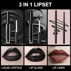 LOPHE 3 Pièces Crayon à Lèvres Noir Mat et Rouge à Lèvres Liquide Ensemble, Set de Crayon à Lèvres et de Bbrillant à Lèvres N...