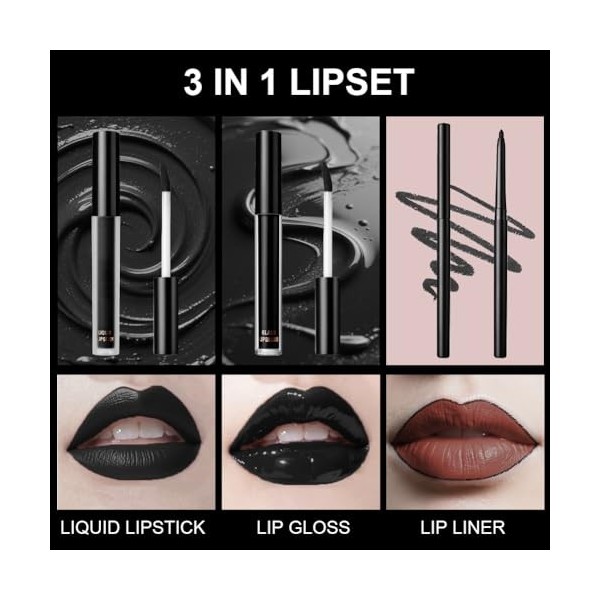 LOPHE 3 Pièces Crayon à Lèvres Noir Mat et Rouge à Lèvres Liquide Ensemble, Set de Crayon à Lèvres et de Bbrillant à Lèvres N...