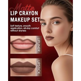 Rouge a Levre + Crayon a Levre Velours Mat, Très Pigmenté Combo Lèvres 2-en-1 Marron Foncé, Longue Tenue Waterproof, Texture ...