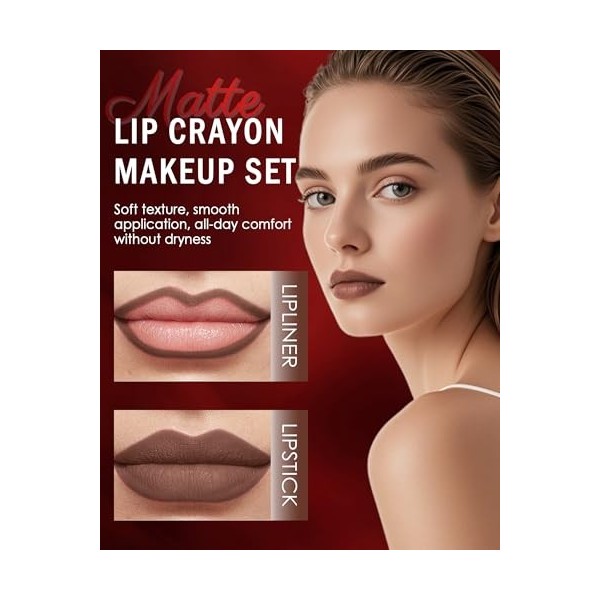 Rouge a Levre + Crayon a Levre Velours Mat, Très Pigmenté Combo Lèvres 2-en-1 Marron Foncé, Longue Tenue Waterproof, Texture ...