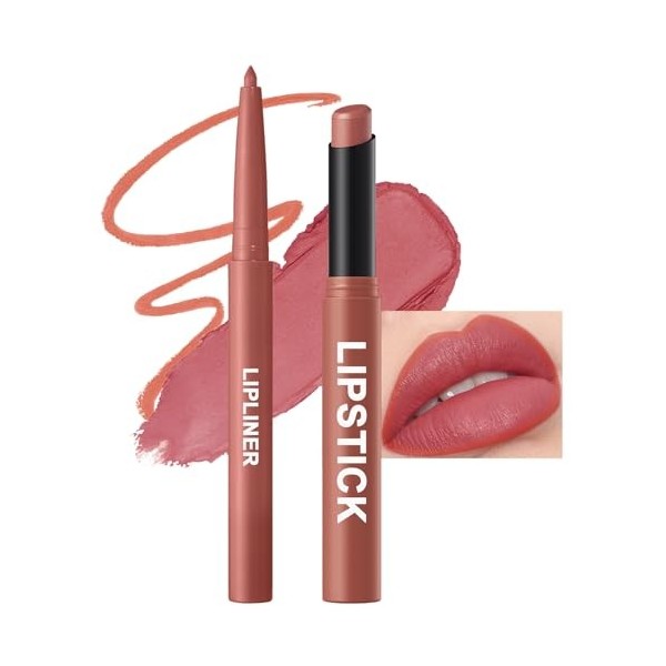 Combo Lèvre 2-en-1 Crayon à Lèvres + Rouge à Lèvres Mat, Couleur Intense et Longue Tenue, Texture Crémeuse et Confortable, Ki...