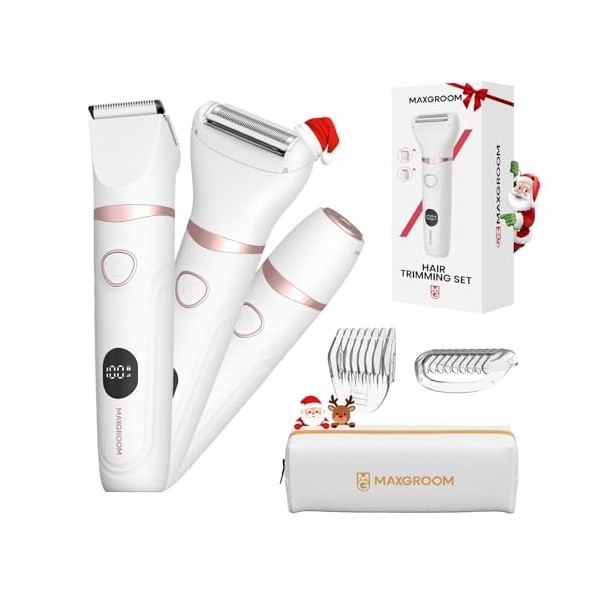 MAXGROOM Rasoir Electrique Femme, 3 en 1 Tondeuse Intime Femme Humide/Sec, Rasoir Électrique avec Affichage LED, Lame Céramiq...