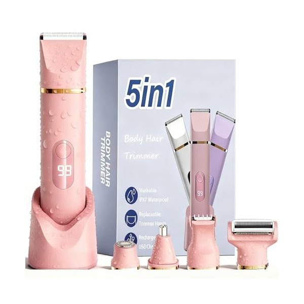 XkuiHF 5 en 1 Rasoir Electrique Femme, Tondeuse Maillot humide/sèche, étanche IPX7, Tondeuse Femme Intime pour le visage, les...