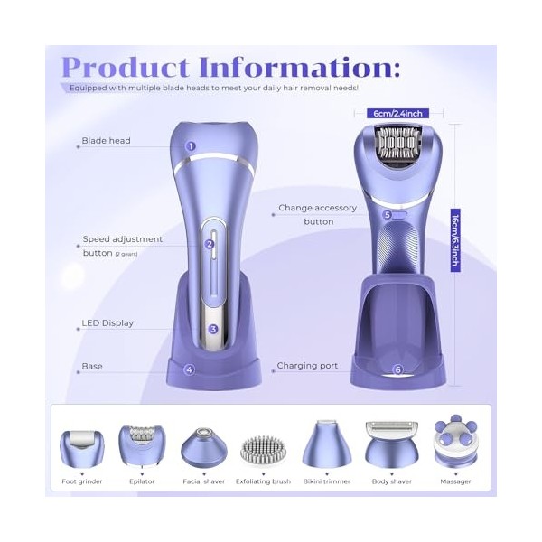 Focenat 7 en 1 Rasoir Electrique Femme,Tondeuse Bikini Femme,Tondeuse Femme Intime,Epilateur electrique,IPX7 Étanche,avec Sta...