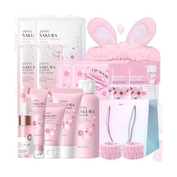 Sakura Ensemble de Soins de la Peau 15 Pièces,Avec Nettoyant,Crème,Toner,Sérum,Sérum pour les yeux,Masque de boue,Masque de s...