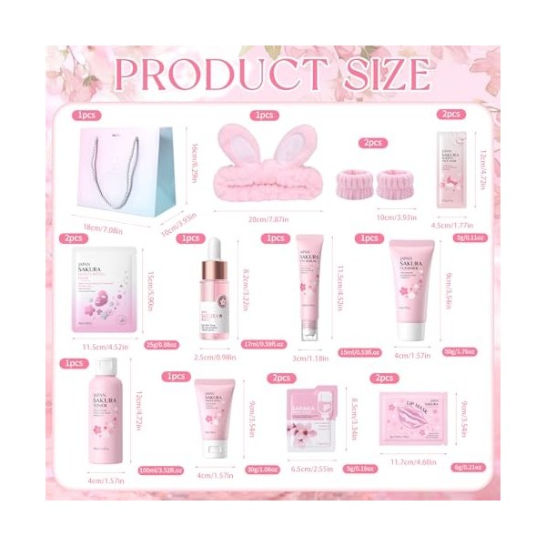 Sakura Ensemble de Soins de la Peau 15 Pièces,Avec Nettoyant,Crème,Toner,Sérum,Sérum pour les yeux,Masque de boue,Masque de s...