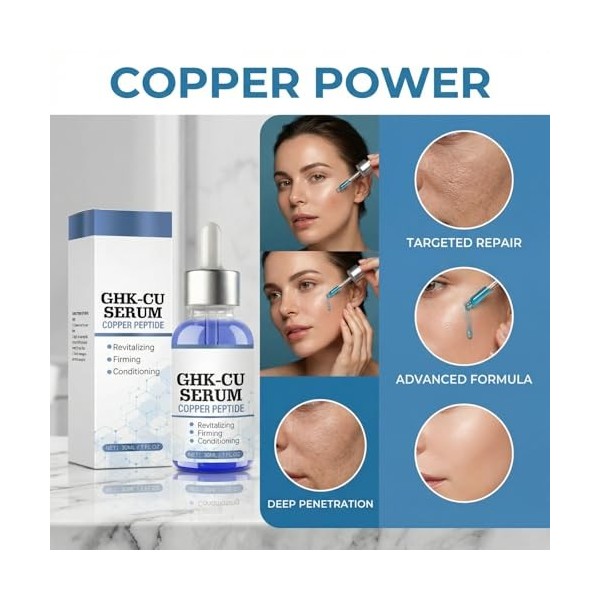 Sérum Visage au Peptide de Cuivre GHK-CU, Sérum Facial Hydratant et Raffermissant avec Collagène Hydrolysé et Acide Hyaluroni...