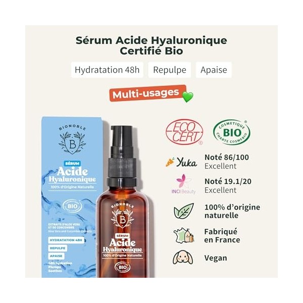 BIONOBLE Sérum Visage Acide Hyaluronique Pur certifié Bio - Soin Hydratant Anti-Âge, Anti-Rides - Serum Acide Hyaluronique Vi...