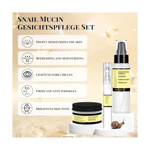 Skincare Coreen Kit, Advanced Snail 96 Sérum Visage 100ml + Advanced Snail 92 Crème Visage 100g + Snail Peptide Eye Cream 17m...