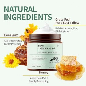 Crème à la Suif de Boeuf Bio Suif de Boeuf et Miel 120g/4.2oz | Texture Fouettée Léger pour Visage et Corps | Hydratation Soi...