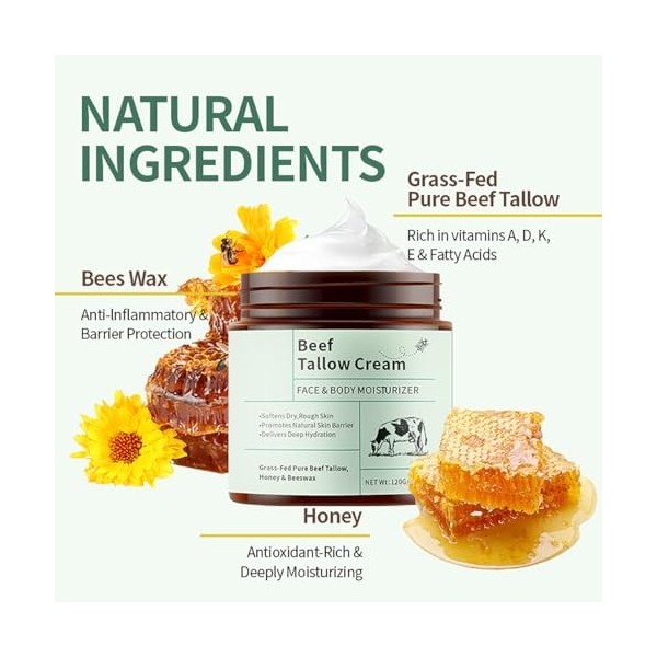 Crème à la Suif de Boeuf Bio Suif de Boeuf et Miel 120g/4.2oz | Texture Fouettée Léger pour Visage et Corps | Hydratation Soi...