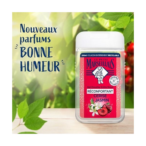 Le Petit Marseillais | Gel Douche Extra Doux Réconfortant Cerise & Jasmin flacon de 250 ml – 92% dingrédients dorigine na Gel...