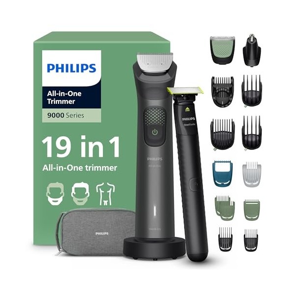 Philips Multigroom série 9000 Tondeuse tout-en-un 19 accessoires + rasoir OneBlade pour hommes – ensemble tondeuse/rasoir pou...