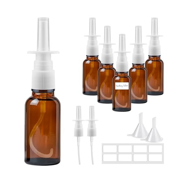 Furuising 6 Pièce Vaporisateurs Nasaux Vides en Verre, 30ml Petit Spray Nasal Vides, Réutilisable Ambre Flacon Pulvérisateur