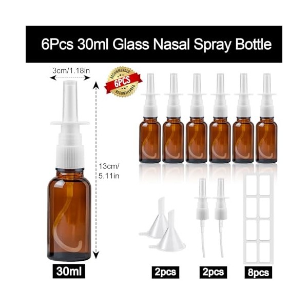 Furuising 6 Pièce Vaporisateurs Nasaux Vides en Verre, 30ml Petit Spray Nasal Vides, Réutilisable Ambre Flacon Pulvérisateur 