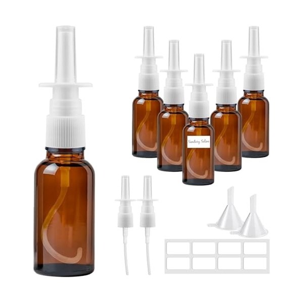 Furuising 6 Pièce Vaporisateurs Nasaux Vides en Verre, 30ml Petit Spray Nasal Vides, Réutilisable Ambre Flacon Pulvérisateur 