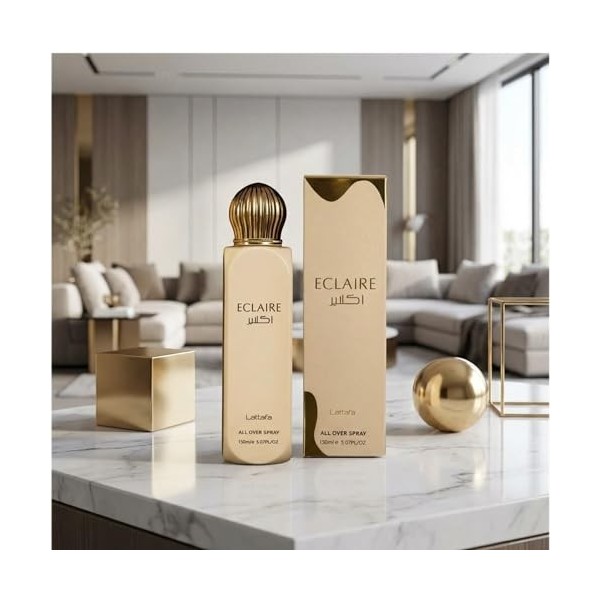 Lattafa Eclaire All Over Spray 150ml – Brume Parfumée Gourmande pour Femme, Senteur Longue Durée Caramel, Vanille, Lait Sucré...