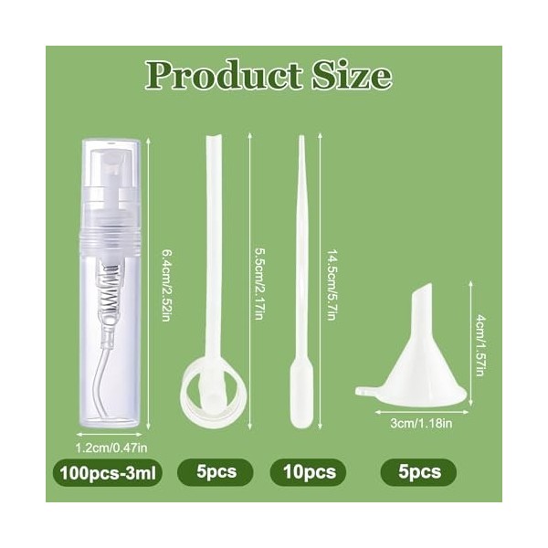 Lot de 100 vaporisateurs de parfum de 3 ml - Mini vaporisateurs rechargeables - Vaporisateur de voyage avec entonnoir - Pipet...