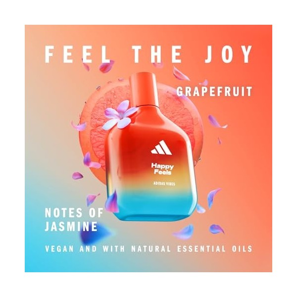 Adidas Vibes Happy Feels Eau de Parfum pour Tous, Parfum Vivant et Excitant Longue Durée Pamplemousse et Jasmin 30 ml